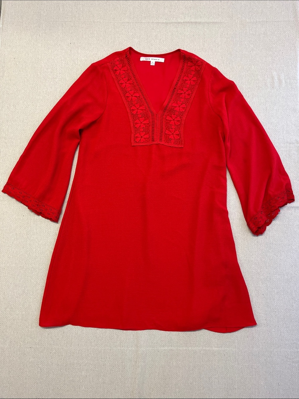 Max Studio Red Lace Trim Shift Dress Women’s Large Boho Chic
